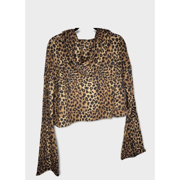 Lovers + Friends Cheetah Bell Sleeve Cropped Oversized French Terry Hoodie Sz L - Picture 5 of 8